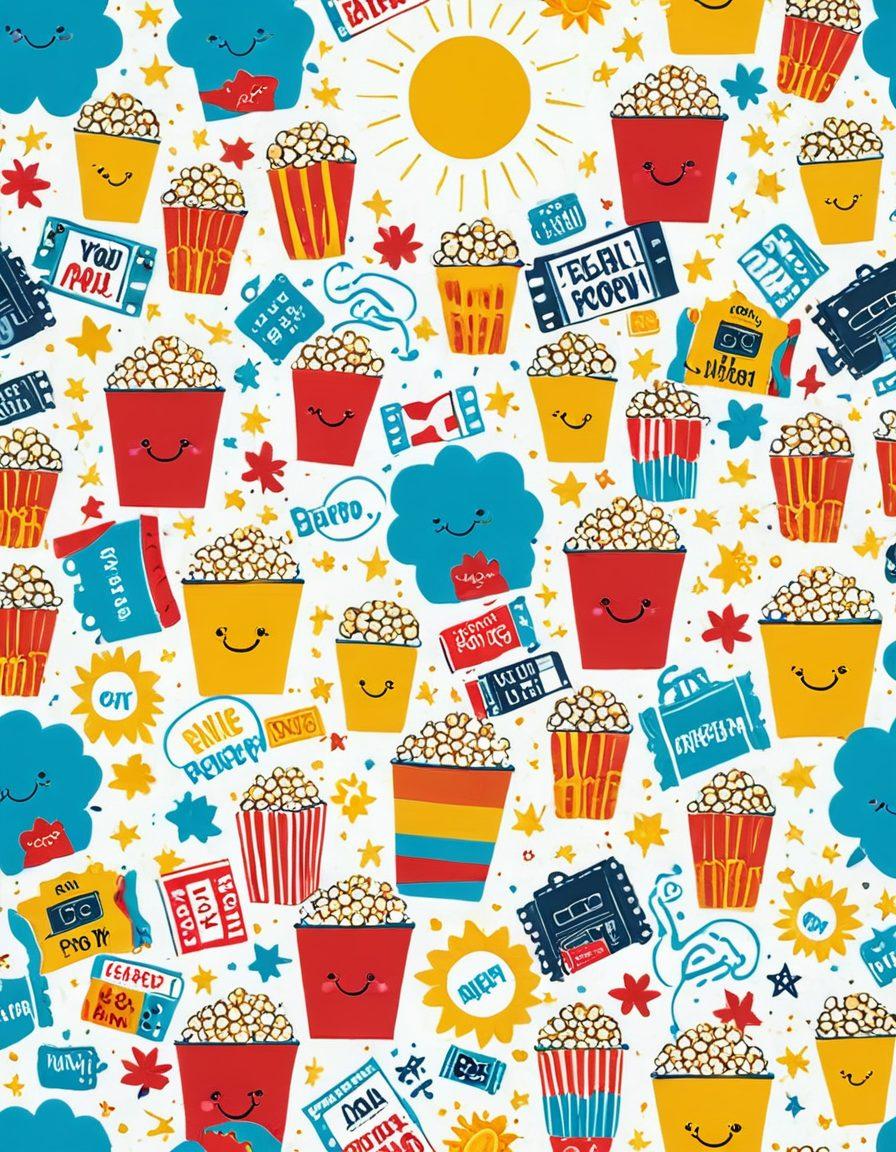 A vibrant collage of independent film scenes that radiate joy, featuring diverse characters laughing and experiencing life in colorful settings. Include film reels and popcorn scattered throughout, with a glowing sun in the background symbolizing happiness. Emphasize warmth and creativity with splashes of color and whimsical elements. super-realistic. vibrant colors. white background.