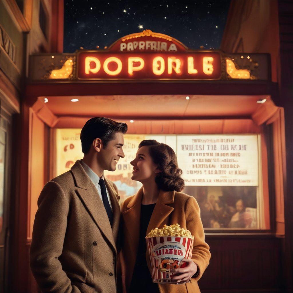A vintage cinema marquee illuminating the night, showcasing the title 'Cinematic Treasures' with starry skies above. In the foreground, a couple joyfully holding popcorn, watching a classic film reel projected timelessly. Surrounding them are faded movie posters of forgotten feel-good films in warm, nostalgic tones. The ambiance is inviting and reminiscent of a bygone era of cinema. retro style. vibrant colors. dramatic lighting.
