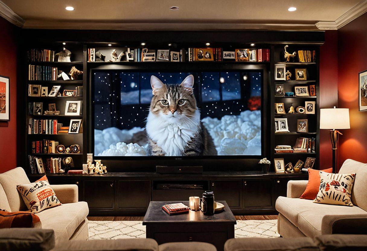 A vibrant scene featuring a cozy home theater with a large screen displaying a classic uplifting movie, surrounded by shelves filled with DVDs and nostalgic movie posters. Soft warm lighting creates an inviting atmosphere, with a bowl of popcorn and comfy blankets on a sofa. Include small decorative details like a film clapboard and a cat lounging nearby. Enhance the warmth and happiness of the environment. super-realistic. vibrant colors. warm lighting.